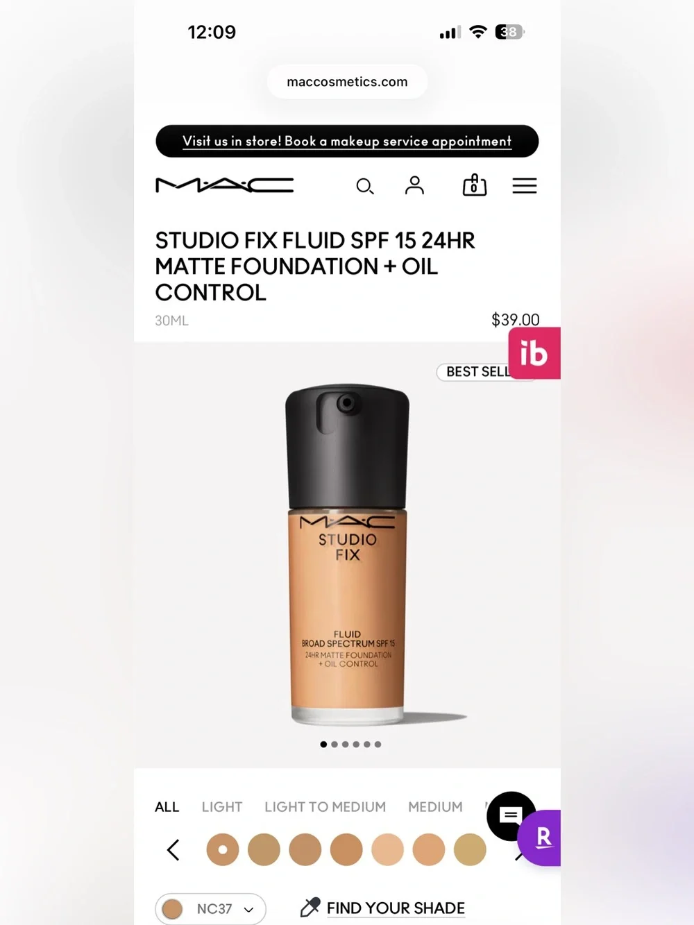 MAC Cosmetics Studio Fix Fluid Foundation - Warm Beige/Tan NC 37